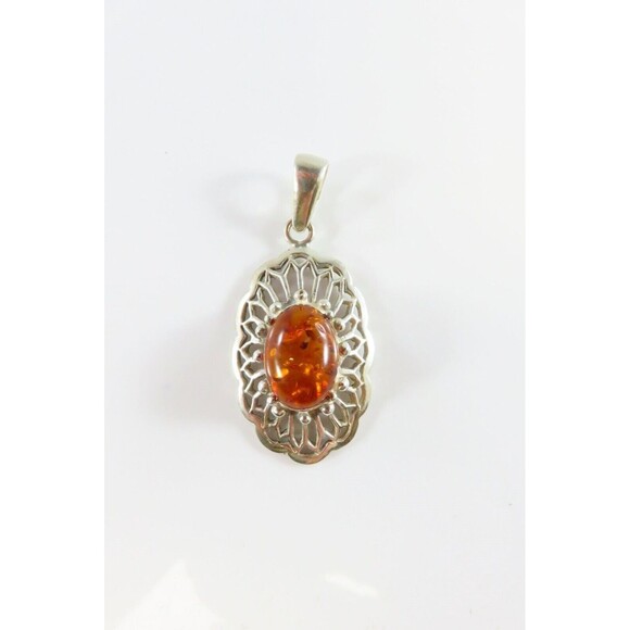 Sterling Baltic Amber Pendant 925 Pierced Frame 1 3/4" Drop - Picture 2 of 9